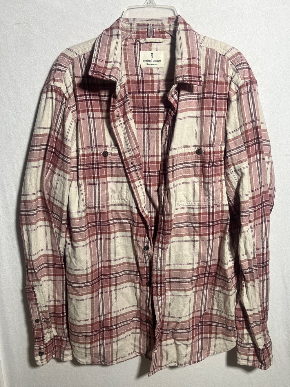 Mutual Weave Men's Plaid Flannel Button Down Shirt Size Medium Mauve Pink Cream